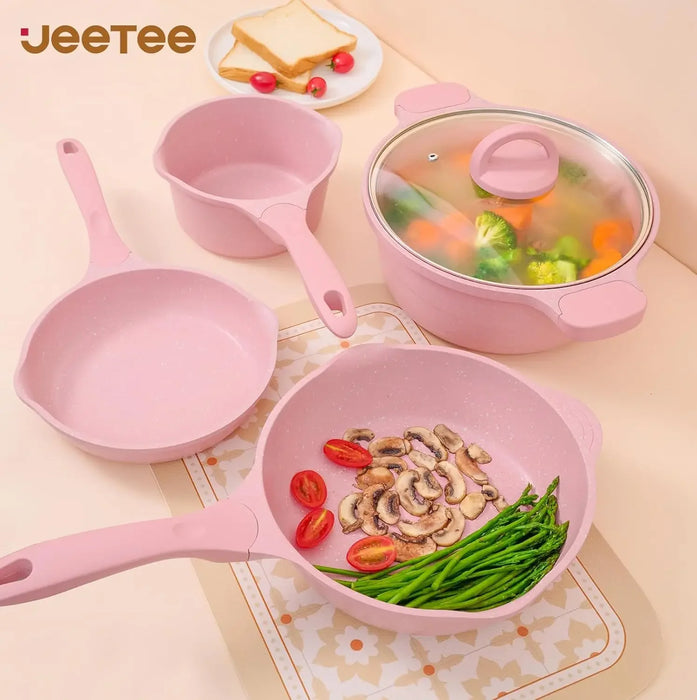 JEETEE Pink Pots and Pans Set Nonstick 23pcs, Healthy Kitchen Cookware Sets, Induction Cooking Set Pink Granite Stone