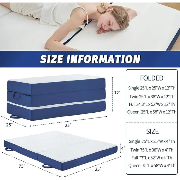 Memory Foam Folding Mattress,4Inch Foldable Mattress Trifold Mattress Topper with Bag,Soft Portable Single Floor Mattress Guest