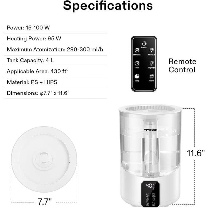 2-in-1 Top Fill Cool & Warm Mist Humidifier, Indoor Ultrasonic Humidifier with Essential Oil Box & Remote Control