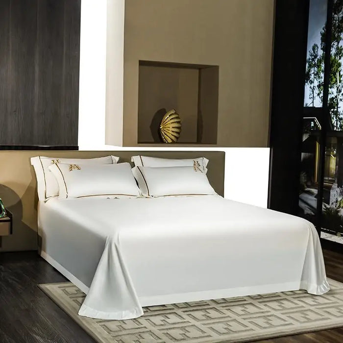 High-end Hotel Bedding Set Luxury Gold Stripe Embroidery White Egyptian Cotton Duvet Cover Bed Sheet Pillowcases Home Textile