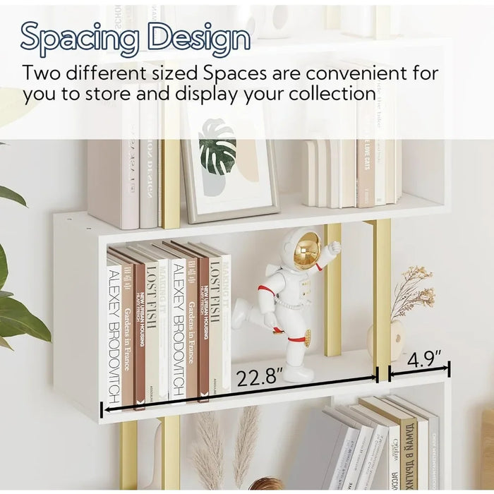 Home Decor Items Modern Wood Decorative Display Shelf Tall Book Case for Home Office Gold and White Geometric Bookcase Room Wall