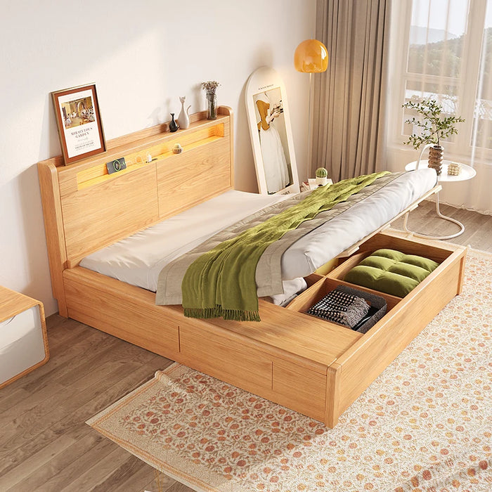 High box solid wood bed, storage box, double bed, small bedroom, tatami bed