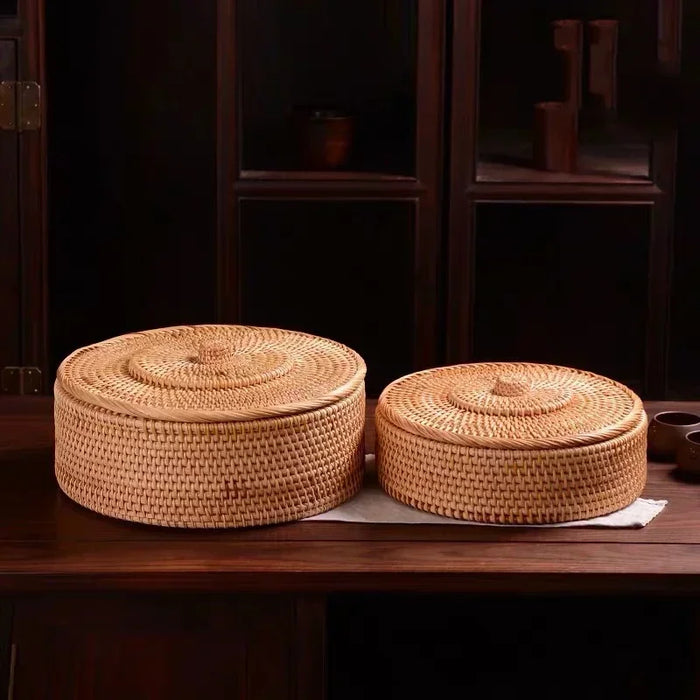 New Handwoven Rattan Storage Box with Lid Tea Food Container Kongfu Tea Set Bread Fruit Basket with Lid Puer Tea Bag Organizer