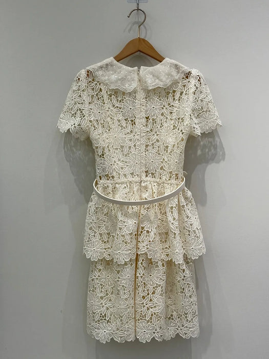 2024 Spring/Summer New Women's Wear White Short Sleeve Lapel Gold Style Lace Crocheted Hollow Cake Dress 0420