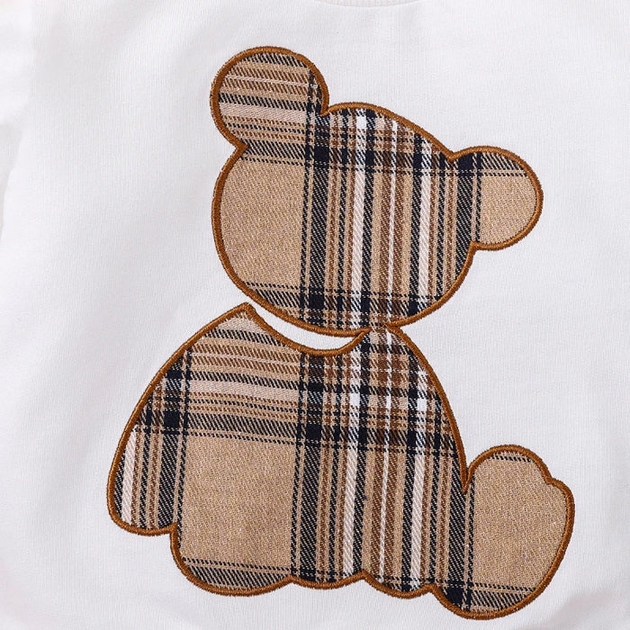 PatPat 2pcs Baby Boy/Girl Long-sleeve Plaid Print Bear Embroidered Sweatshirt and Sweatpants Set