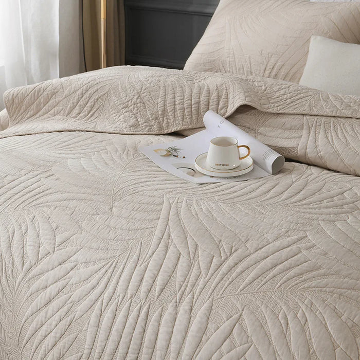 Boho Leaves Taupe (Maize) White 100% Cotton Bedspread Quilt Set 3Pcs Full/Queen Size  Coverlet Bed Cover with Pillow Shams