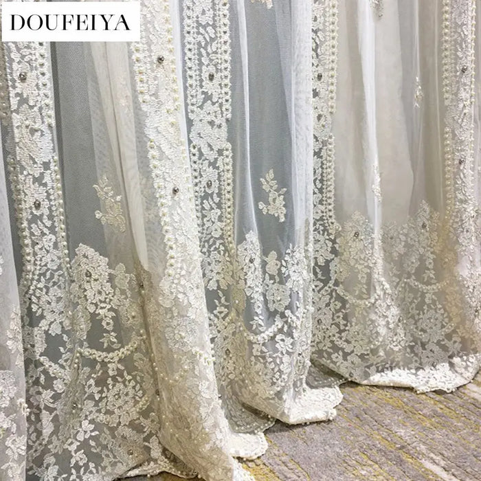 European Embroider Luxury White Tulle Sheer Curtains for Living Room Dining Bedroom Heavy Mbroidery Flowers Lace Cortinas Window