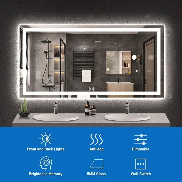 Mirror for Bathroom Backlit + Front Lighted Vanity Mirror with Lights for Wall with Anti Fog, Stepless Dimmable, Memory Function