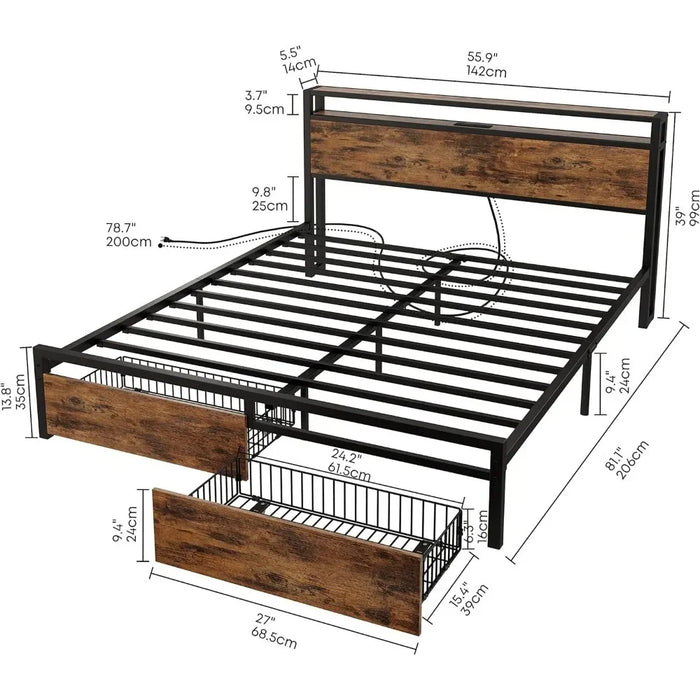 Bedroom furniture full size bed frame with storage drawers, platform bed with headboard and charging station, vintage brown