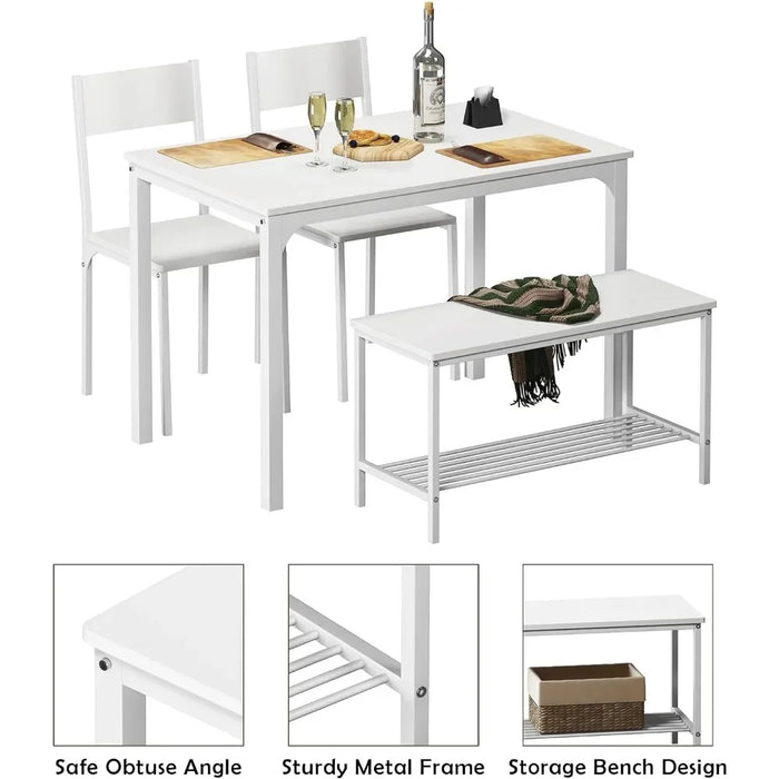 4 Person Dining Table Set,43.3 inch Kitchen Table Set for 4,2 Chairs with Backrest,2-Person Bench with Storage, White Rack