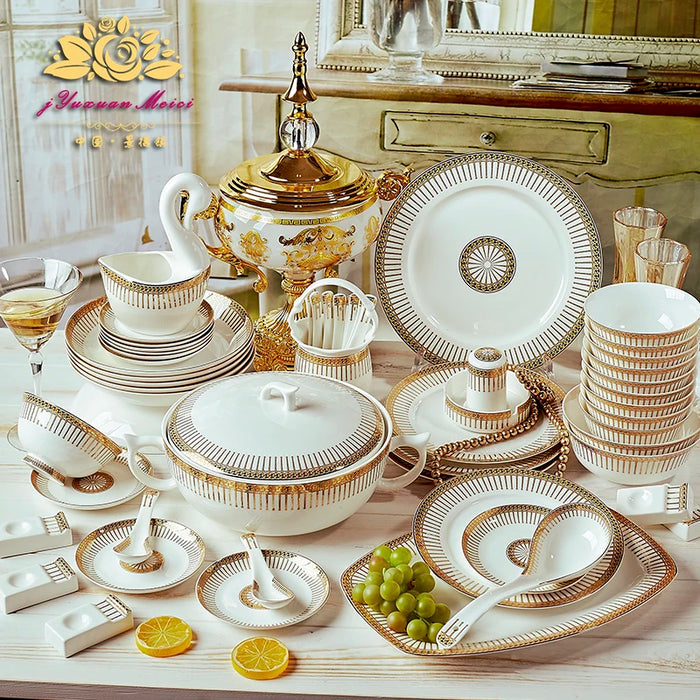 Bone China Dinnerware Set Dish Bowl Combination 60pcs Ceramic High-grade Dinnerware Set European Gold Bowl Plate