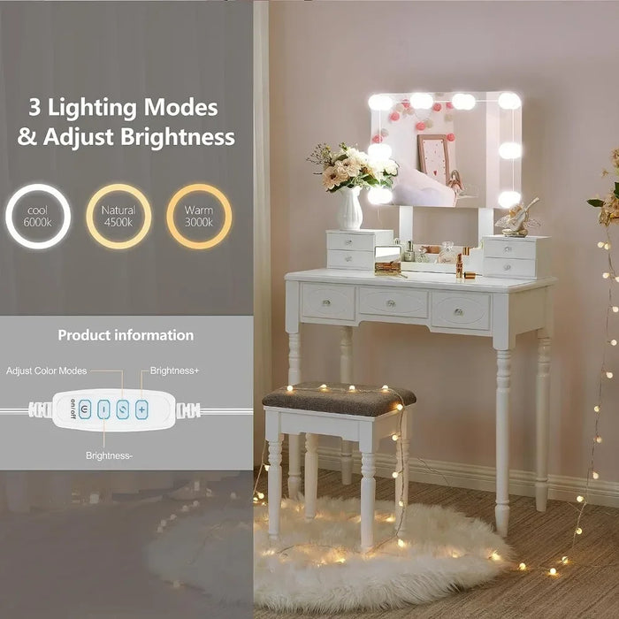 Makeup Dresser Dresser Set with Illuminated Mirror Makeup Dresser Table Set LED Bulbs Frameless Mirror Mode Dimming