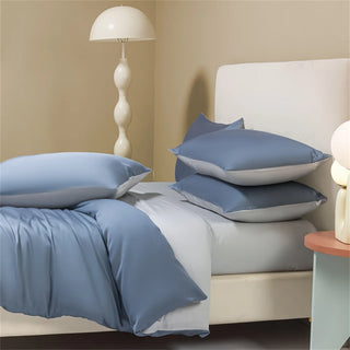 Liv-Esthete Sleep Gift Blue Gray 100% Silk Bedding Set Silky Luxury Queen King Duvet Cover Flat Sheet Pillowcase Bed Linen Set