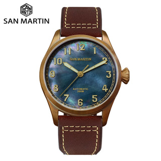 San Martin MOP Dial 42mm CuSn8 Bronze Diver Retro Men Watch PT5000 Automatic Mechanical Watch Sapphire Waterproof 200m Luminous