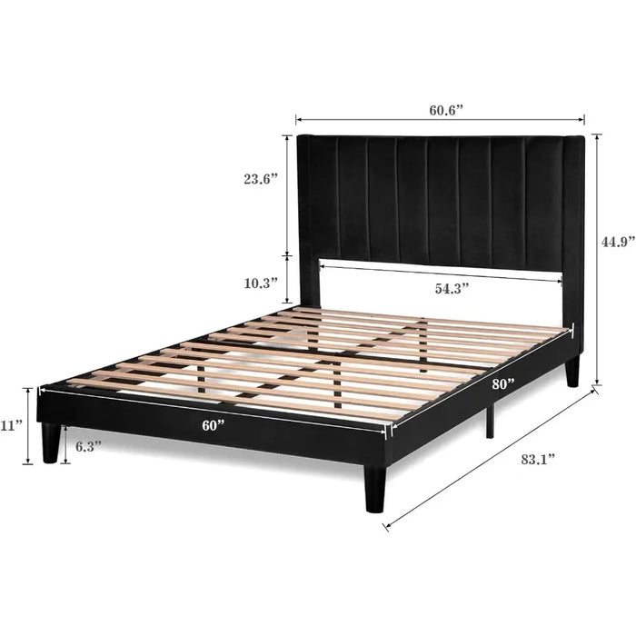 Bedroom furniture velvet upholstered bed frame, platform bed frame, mattress base, box spring optional, easy to assemble, black