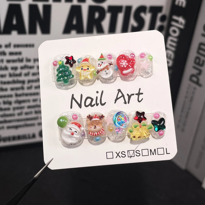 Christmas Wearing Nail Santa Three-dimensional Cartoon Cute Short Handmade Wearing Nailart Stickers 2024