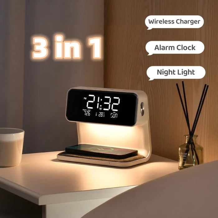 Creative 3 In 1 Bedside Lamp Wireless Charging LCD Screen Alarm Clock Wireless Phone Charger For Iphone Smart Alarm Clock Lamp