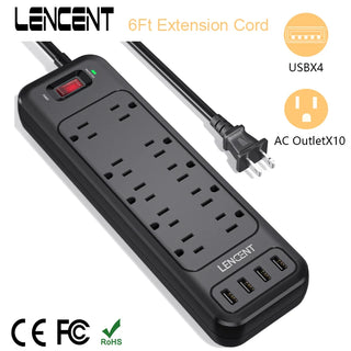 LENCENT Power Strip with 10 Outlets 4 USB 6Ft Extension Cord Surge Protector Polarized 3 Prong to 2 Prong  Adapter for Home