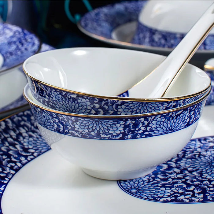 Jingdezhen 58 skull bone china tableware set, bowls and dishes, home gift giving, medium-glazed gold blue and white porcelain