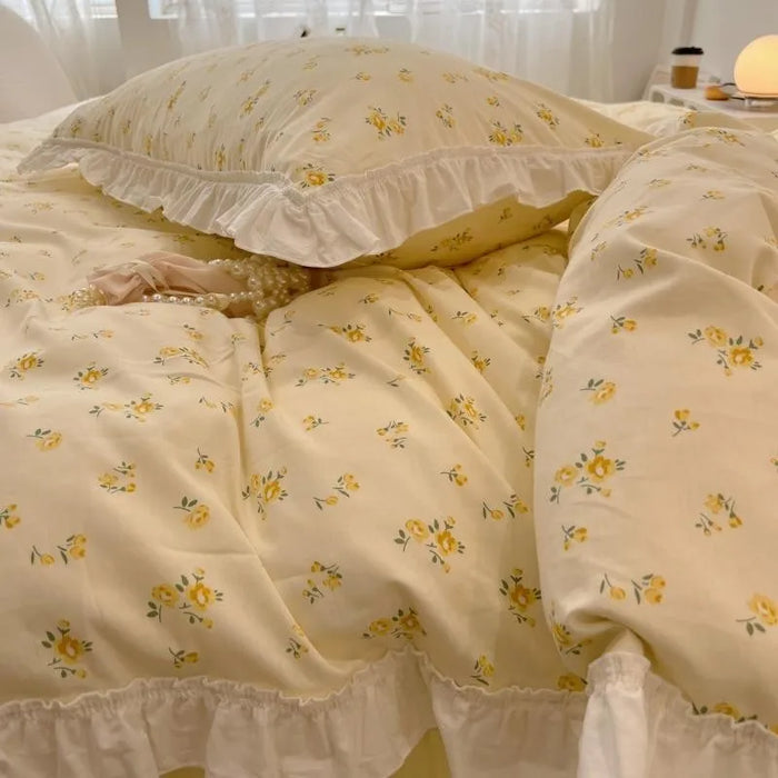 Chic Floral Duvet Cover Set Twin Double Family 100%Cotton Ultra Soft Bedding Elegant White Lace Ruffle Style Bedskirt Pillowcase