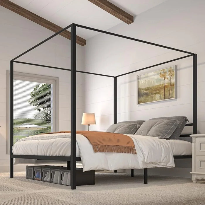 Bedroom furniture metal 4 post canopy bed frame with headboard with wooden slats, no springs required, black