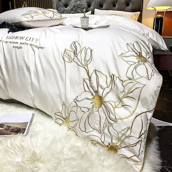 Golden Embroidered Duvet Cover Set 100%Cotton 4pcs Quilted Pure White Bedding Bed Sheet Pillowcases Home Textile