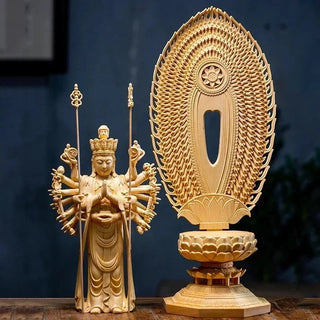Creative Wood Carving Sculpture Large Lotus Thousand Hands Avalokitesvara Bodhisattva Carved Buddha Statue Household Decoration