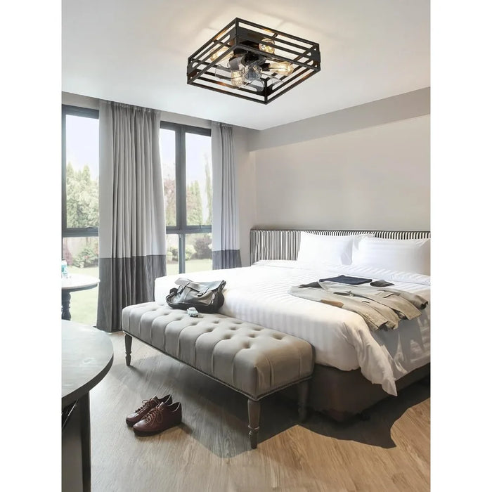 22 inch cage type low profile ceiling fan with light and remote control, black square embedded ceiling fan