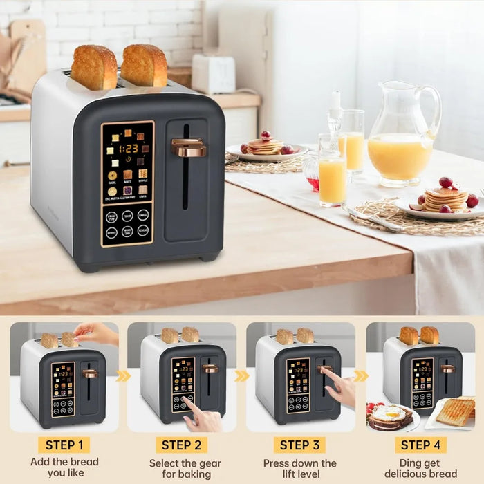 Toaster 2 Slice, Stainless Toaster LCD Display&Touch Buttons, 50% Faster Heating Speed, 6 Bread Selection, 7 Shade Setting