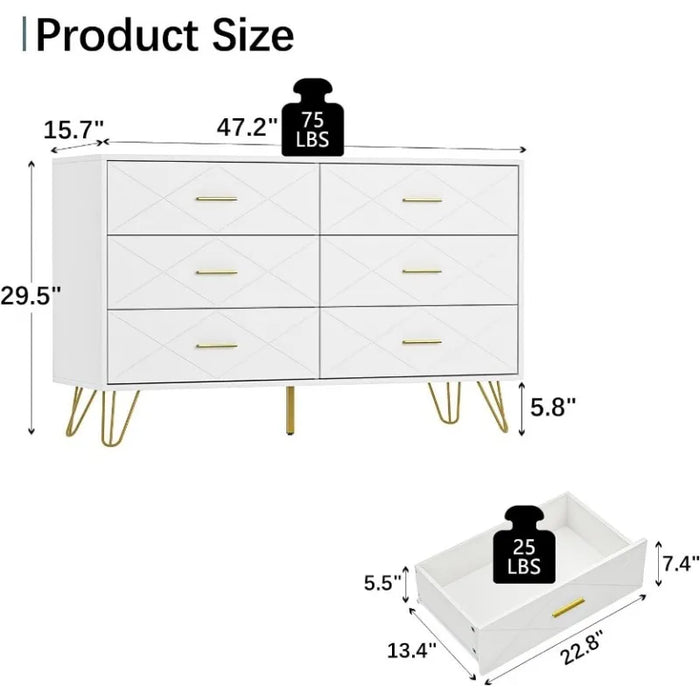 Dresser for Bedroom, White Dresser with 6 Deep Drawers, Wide Chest of Drawers with Gold Handles for Living Room