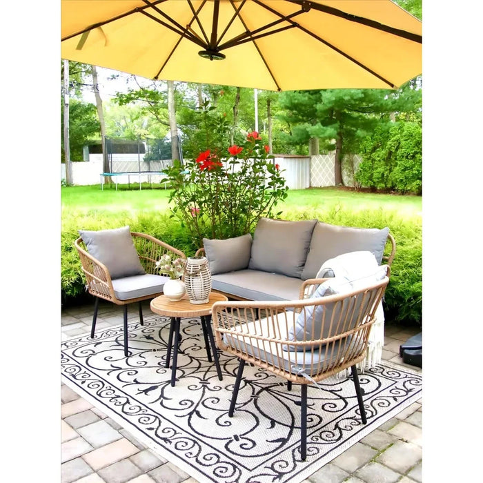 4 Pieces Patio Furniture Set, Outdoor All-Weather Rattan Conversation Set with Loveseat Chairs Table Soft Cushions for Backyard