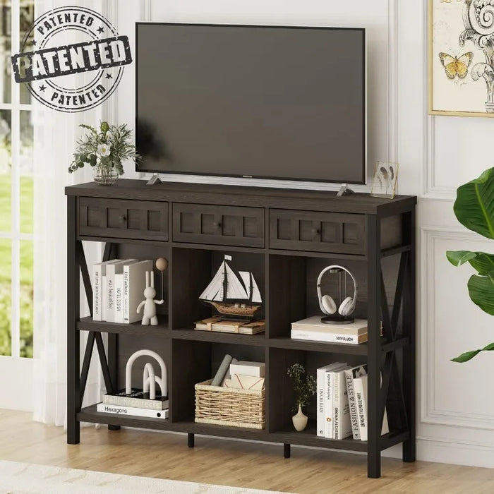 Rustic 6 Cube Storage Organizer Shelf with 3 Drawers, Long Horizontal Bookshelf, Industrial Wood and Metal Cubby Bookcase