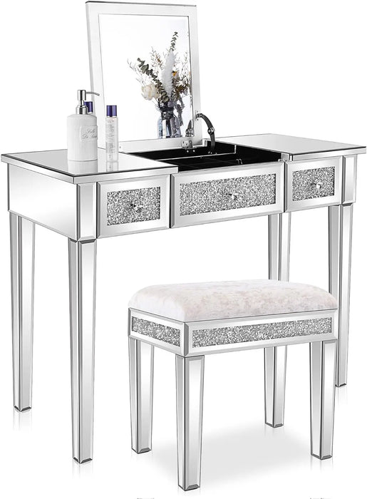 VINGLI Mirrored Vanity Desk with Flip Top Mirror, Makeup Dressing Table with Sparking Diamonds, Silver (Bench not Included)