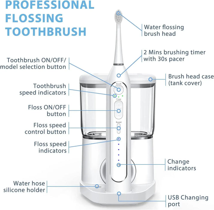 Electric Toothbrush With Water Flosser Combo In One Rechargeable Sonic Flossing Toothbrush With 3 Teeth Cleansing Ways