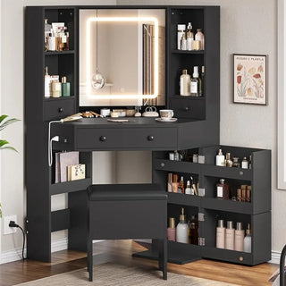 Corner Vanity Desk with Lighted Mirror, Makeup Vanity with Lights and Charging Station, Vanity Set with Mirror and Storage Stool