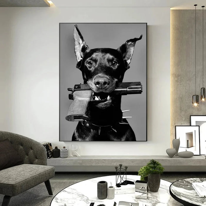 Doberman Dog Gun Canvas Painting Modern Black White Cuadros Fashion Poster Prints Wall Art Picture On Canvas Nordic Home Decor