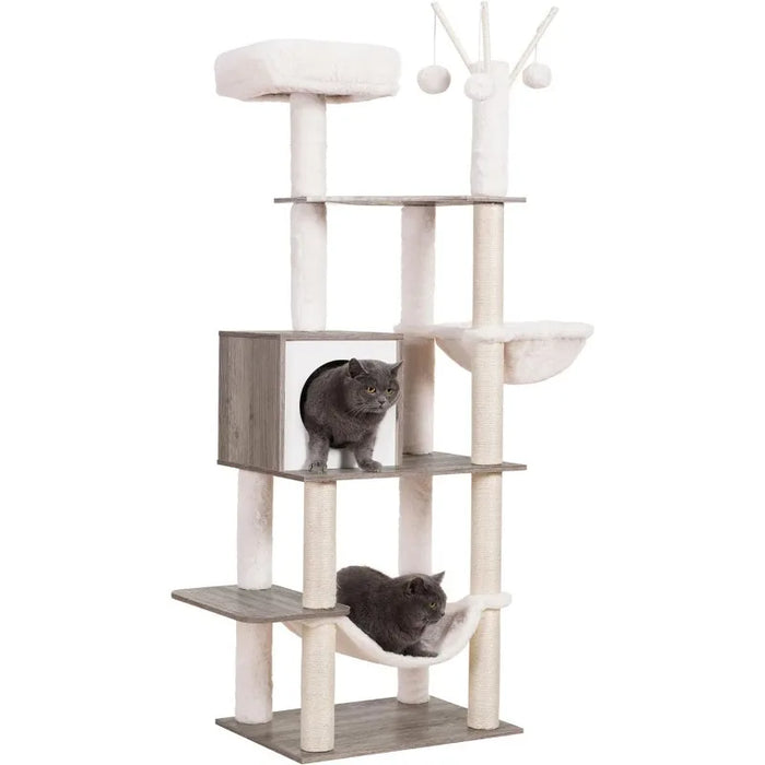 Wooden Cat Tree,55.5“ Cat Furniture with Scratching Posts, Modern Cat Tower with hammocks, Toys, condo, Rustic Brown