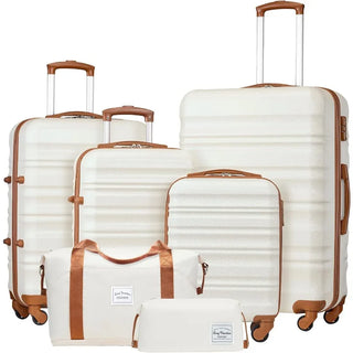 Luggage Set 4 Piece Luggage Set ABS hardshell TSA Lock Spinner Wheels Luggage Carry on Suitcase (WHITE-BROWN, 6 piece set)