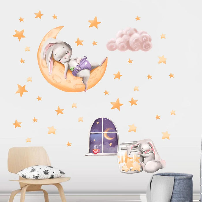 Cartoon Good Night Rabbit Moon Star Wall Sticker Bedroom Baby Nursery Animal Coffee Sleep Wall Decal Playroom Home Decor