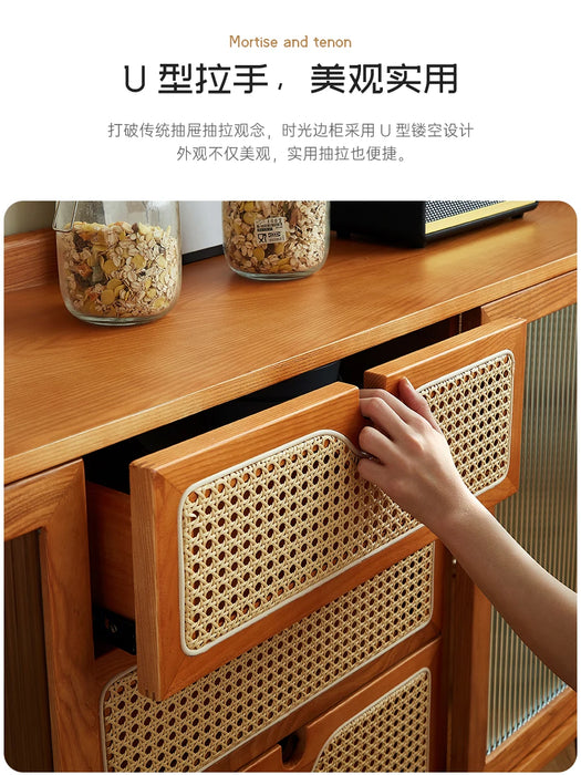 Vintage solid wood rattan woven sideboard storage high cabinet storage restaurant cabinet against the wall