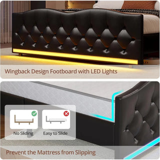 Queen Size Bed Frame Tall Headboard with LED Lights & Charging Station, Upholstered Wing Headboard & Footboard, Bed