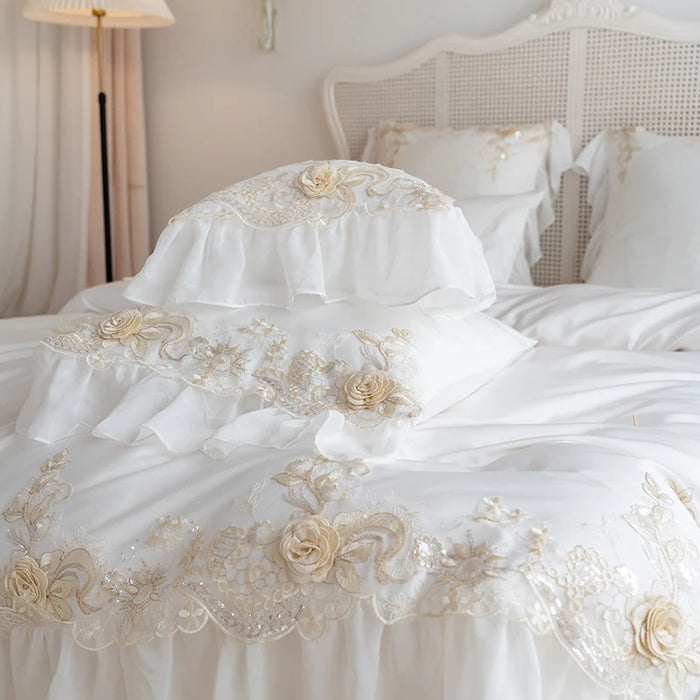 White Lace Embroidery Princess Bedding Set Luxury High End France Style Egyptian Cotton Duvet Cover Bed Sheet Pillowcases