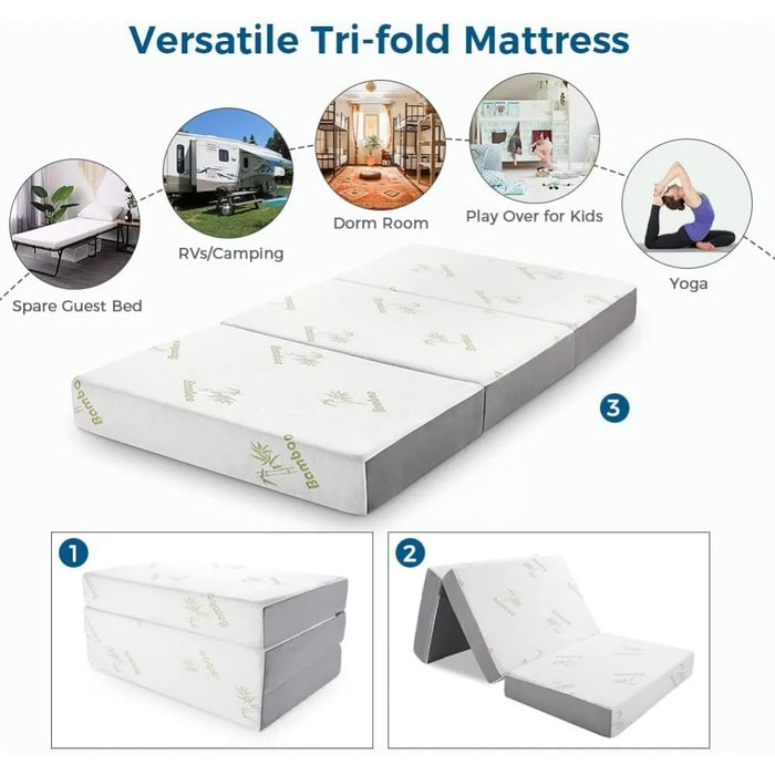 6 Inch Trifold Memory Foam Foldable Mattress with Ultra Soft Bamboo Cover, Non-Slip Bottom &  Breathable Mesh Sides, Twin