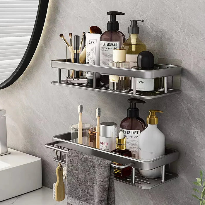 No Drill Bathroom Shelf Space Aluminum Bathroom Shelves Shower Organizer Rack with Hook Up Storage Holder Bathroom Furniture