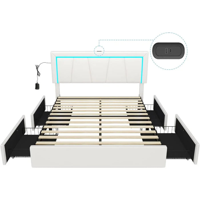 Bed Frame Queen Size with 4 Storage Drawers and LED Lights Faux Leather Upholstered Queen LED Platform Bed Frame with USB y