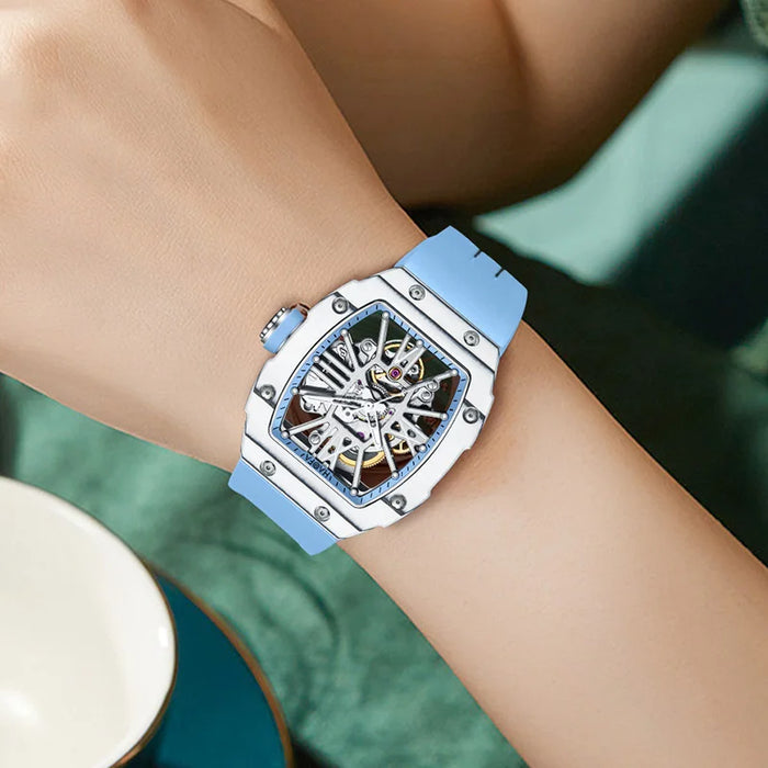 Haofa Ladies Automatic Watch Double Carbon Fiber Sapphire Waterproof Hollow Mechanical Watch Skeleton Women's Watches 1995