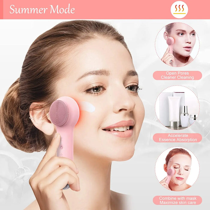 Silicone Facial Cleaning Brush For Pore Cleaner With Heating Function Ipx 7 Waterproof Electric Facial Cleansing Brush