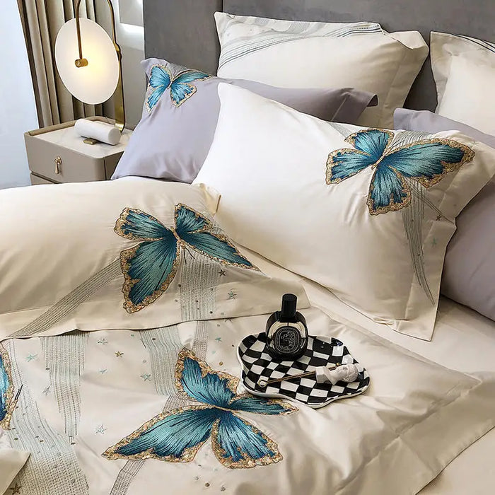 Blue Butterfly Embroidery Bedding Set Luxury White 1000TC Egyptian Cotton Super Soft Duvet Cover Bed Sheet Linen Pillowcases