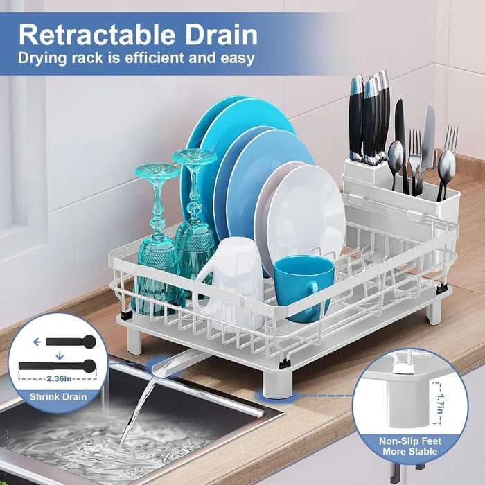 Dish Rack- Durable Dish Drying for Kitchen Counter,Dish Drainers with Drainboard,Kitchen Organization and Storage(White，Metal)