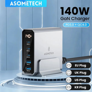 ASOMETECH 140W GaN USB Type C Fast Charger Multiple Ports QC4.0 PD Quick Charger For Macbook Laptop Tablet iPhone 14 Samsung S23